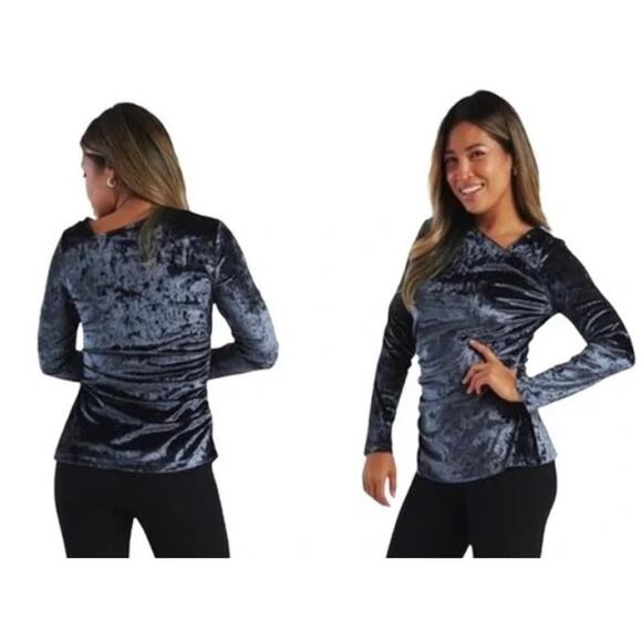 BETABRAND Women's L Midnight Blue Felicia‎ Velvet Ruched Long Sleeve Career Top - Picture 2 of 12